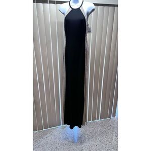 XSCAPE BEAUTIFUL LONG EVENING DRESS WOMENS SIZE 6 BLACK RHINESTONES TRIM NEW